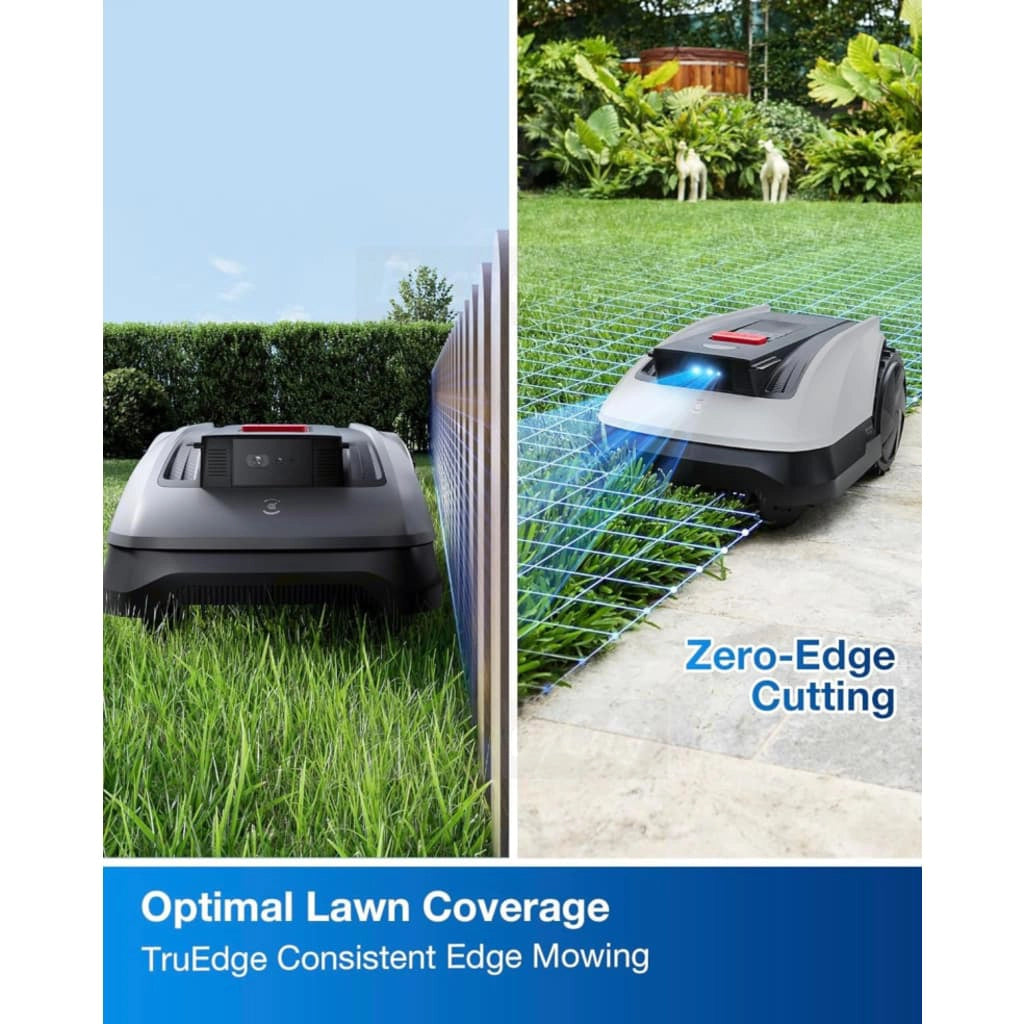 Ecovacs Goat O1200 Lidar Pro robot lawnmower cutting grass close to fence and patio edge with zero-edge mowing.