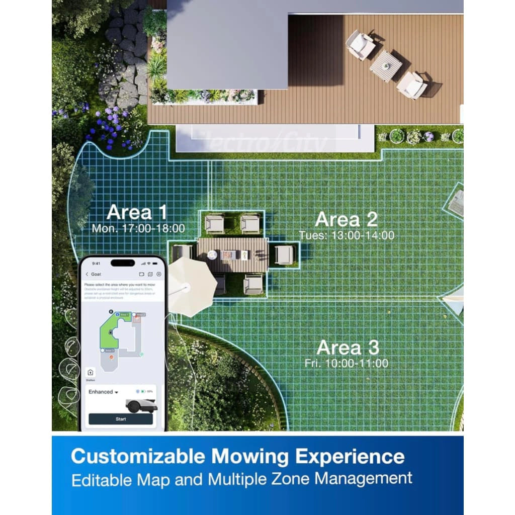 Top-down view of a lawn divided into three mowing zones with a smartphone app interface for zone scheduling.