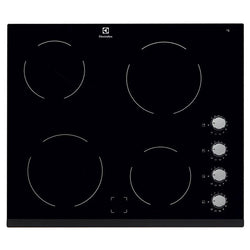 Electrolux 60cm black electric ceramic hob with 4 zones, front knob controls, easy clean surface – available at Kean’s