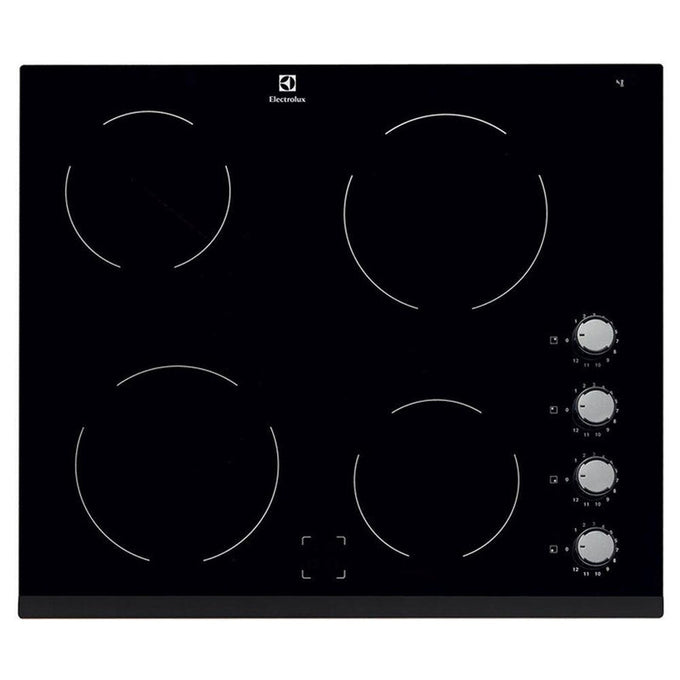 Electrolux 60cm black electric ceramic hob with 4 zones, front knob controls, easy clean surface – available at Kean’s