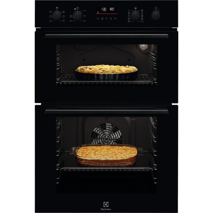 Electrolux black built-in double oven with pie in top oven and casserole in main oven, digital display and rotary controls.