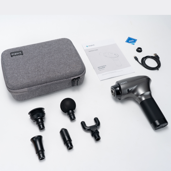 FizFit Massage Gun Elite 2 with six attachment heads, charging cable, manual, and gray carrying case on white background