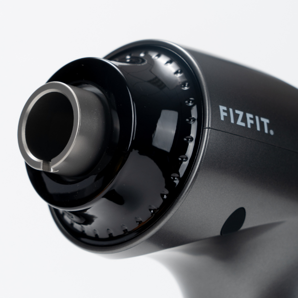 Close-up of the FizFit Massage Gun Elite 2 Space showing the massage head and part of the handle with logo.