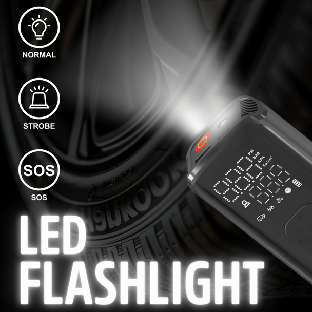 Energizer Portable Air Compressor showing LED flashlight feature with digital display and control buttons.