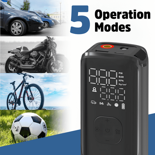 Energizer Portable Air Compressor showing digital display and control buttons with 5 operation modes icons