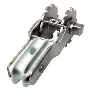 Pel Bullnose Ratchet Strainer in silver metal, showing ratchet gear and tensioning handle close-up.