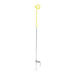 Long yellow pigtail post with spring steel shaft and loop top, featuring a ground stake and wire holder.