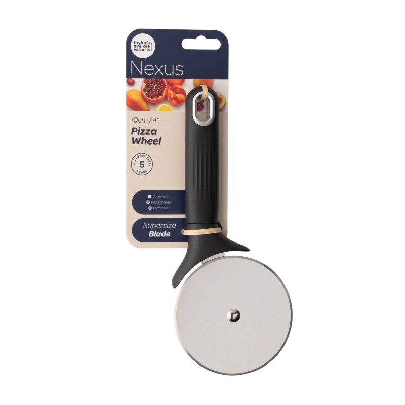Black-handled pizza wheel cutter with large stainless steel blade on branded packaging card.