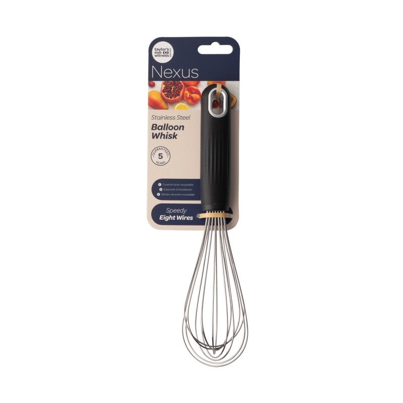 Black-handled stainless steel balloon whisk in packaging with fruit images and product details visible