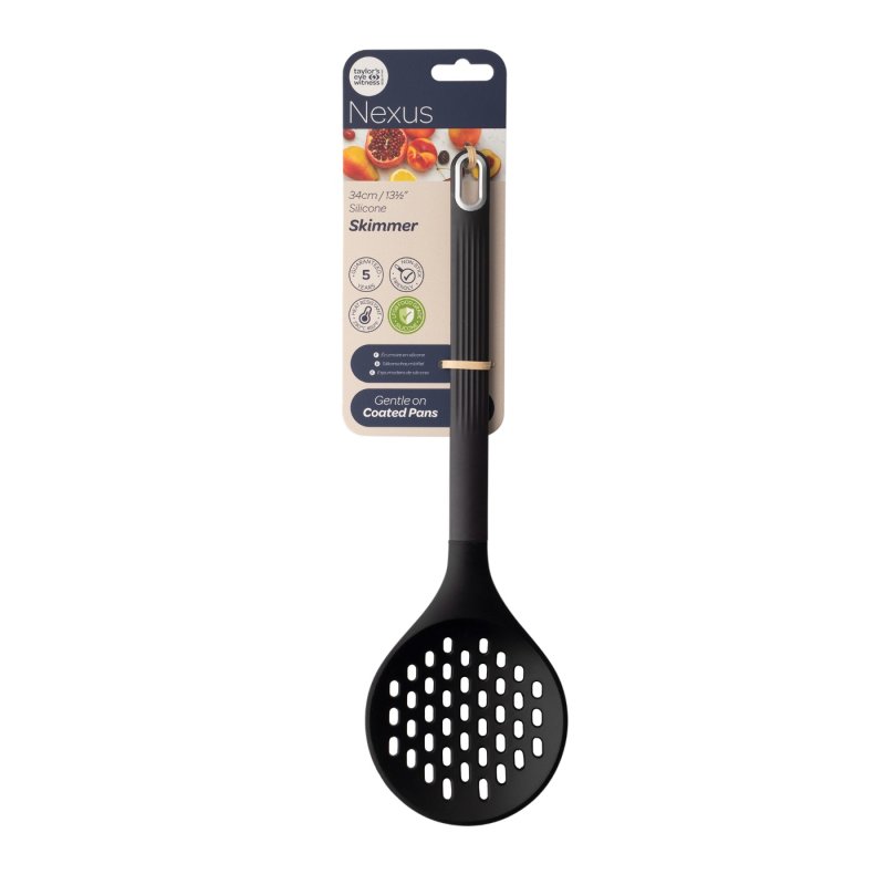 Black silicone skimmer with slotted head and hanging loop, attached to Nexus branded packaging card.