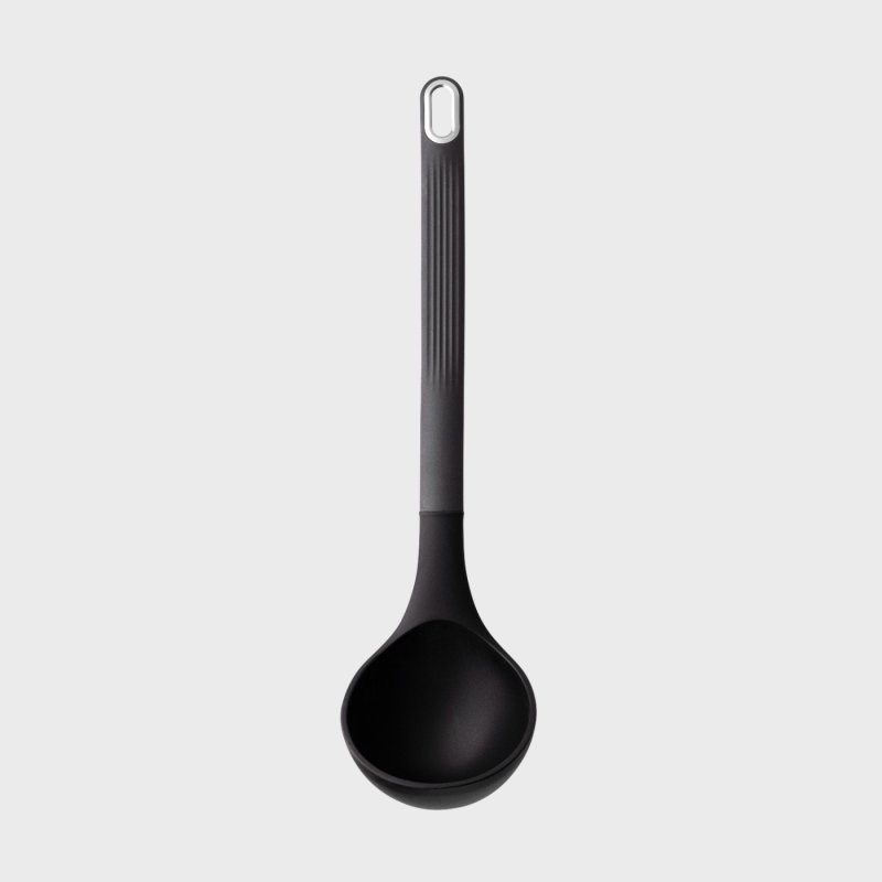 Black silicone ladle with a long handle and hanging hole at the top, shown from above on a white background.