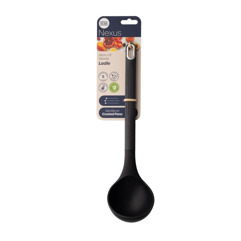 Black silicone ladle with ribbed handle, hanging on beige and navy product packaging card.