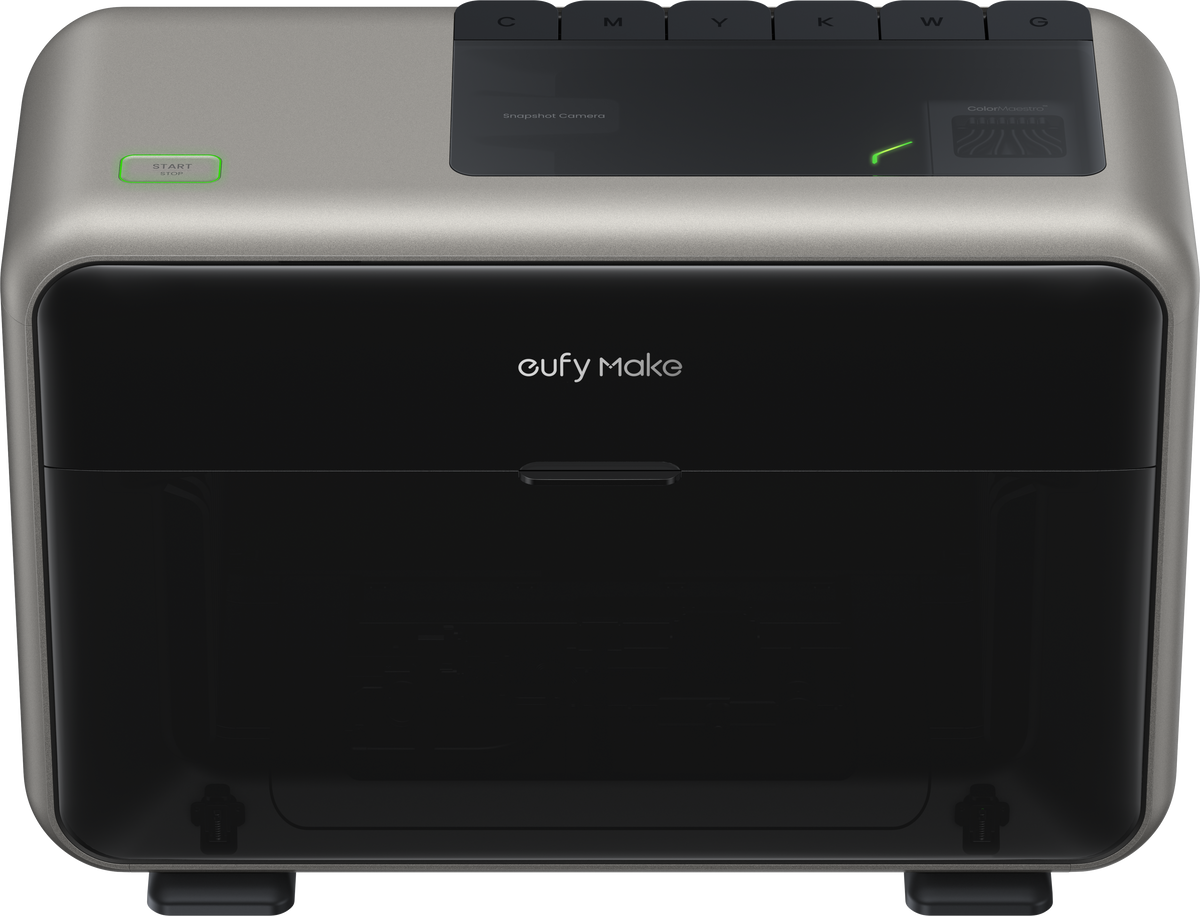 Top view of the eufyMake E1 UV Printer showing control buttons, start/stop button, and logo on a compact gray and black body.
