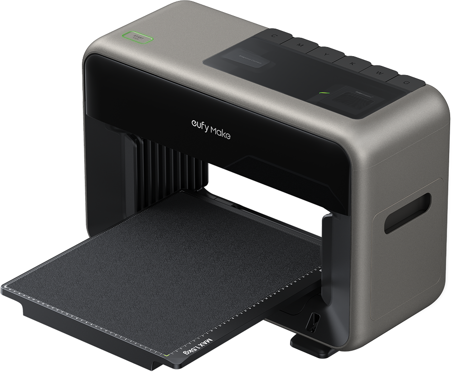 Eufy Make E1 UV Printer in gray with black printing platform extended and color ink tabs on top