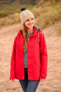 Eva Ladies mid-hip waterproof padded coat in red with detachable hood, insulated warmth, and pockets - Keans Claremorris