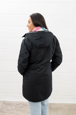 Eva Long Ladies Black Coat -20- Stylish and warm outerwear from Keans Claremorris, perfect for winter fashion.
