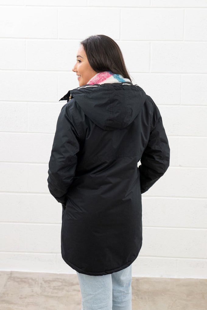 Eva Long Ladies Black Coat -20- Stylish and warm outerwear from Keans Claremorris, perfect for winter fashion.
