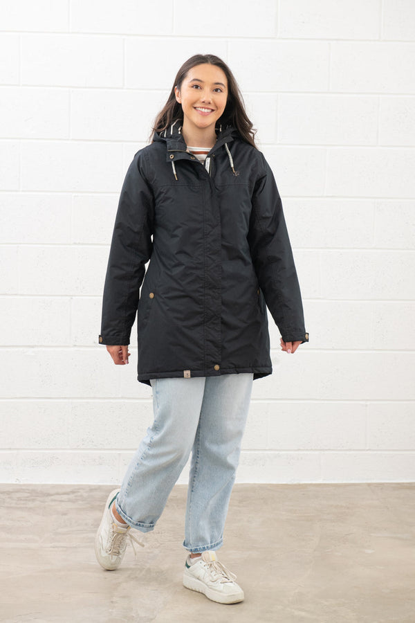 Eva Long Ladies ¾ length waterproof, windproof padded coat with hood, pockets, breathable fabric – Keans Claremorris.