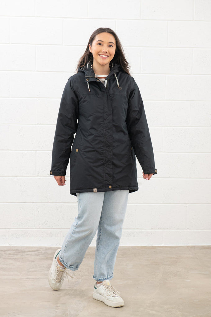 Eva Long Ladies ¾ length waterproof, windproof padded coat with hood, pockets, breathable fabric – Keans Claremorris.