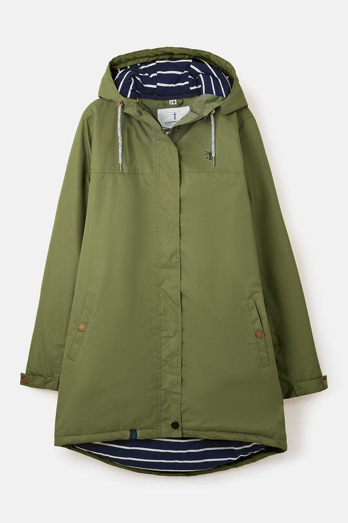 Eva Long Ladies Coat in Olive Green, stylish and warm outerwear from Keans Claremorris.