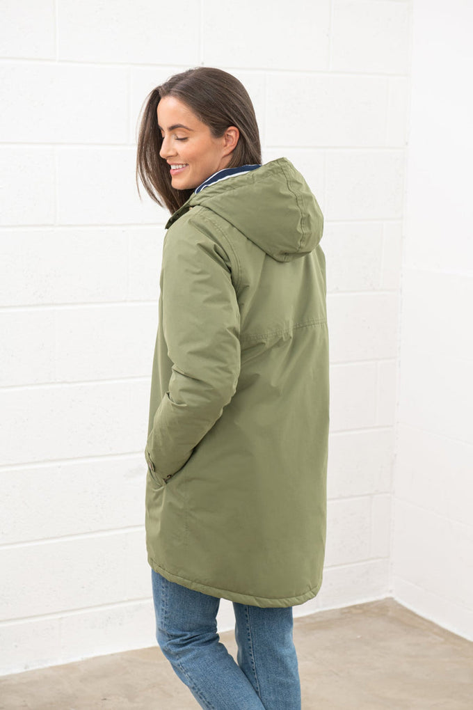 Eva Long Ladies Olive Green Coat -20, stylish warm outerwear by Keans Claremorris