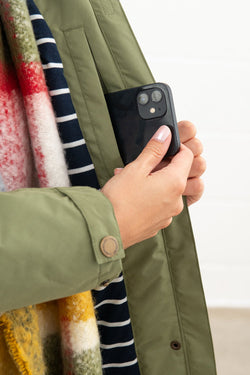 Eva Long Ladies Coat in Olive -20, stylish women's outerwear from Keans Claremorris, perfect for cool weather.