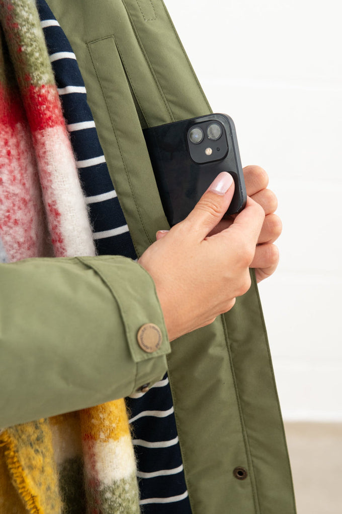 Eva Long Ladies Coat in Olive -20, stylish women's outerwear from Keans Claremorris, perfect for cool weather.