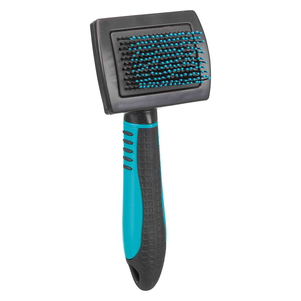 Extra soft plastic bristle pet brush with ergonomic rubber grip handle for gentle detangling and coat care – Keans
