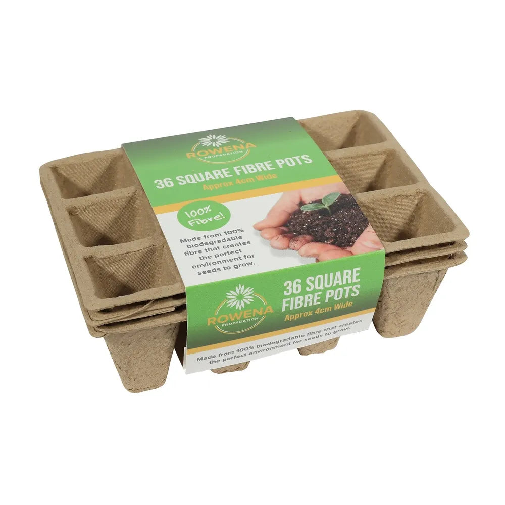 Stacked pack of 36 biodegradable 4cm square fibre seedling pots with green product label.