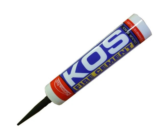 KOS Black Fire Cement 300ml cartridge with black nozzle, labeled for heat-resistant sealing.