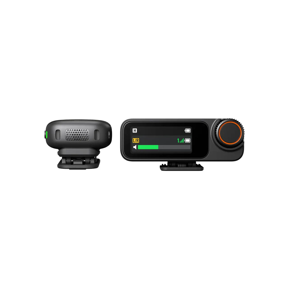 Dji Mic 3 transmitter and receiver shown front and side views with display and control knob visible.