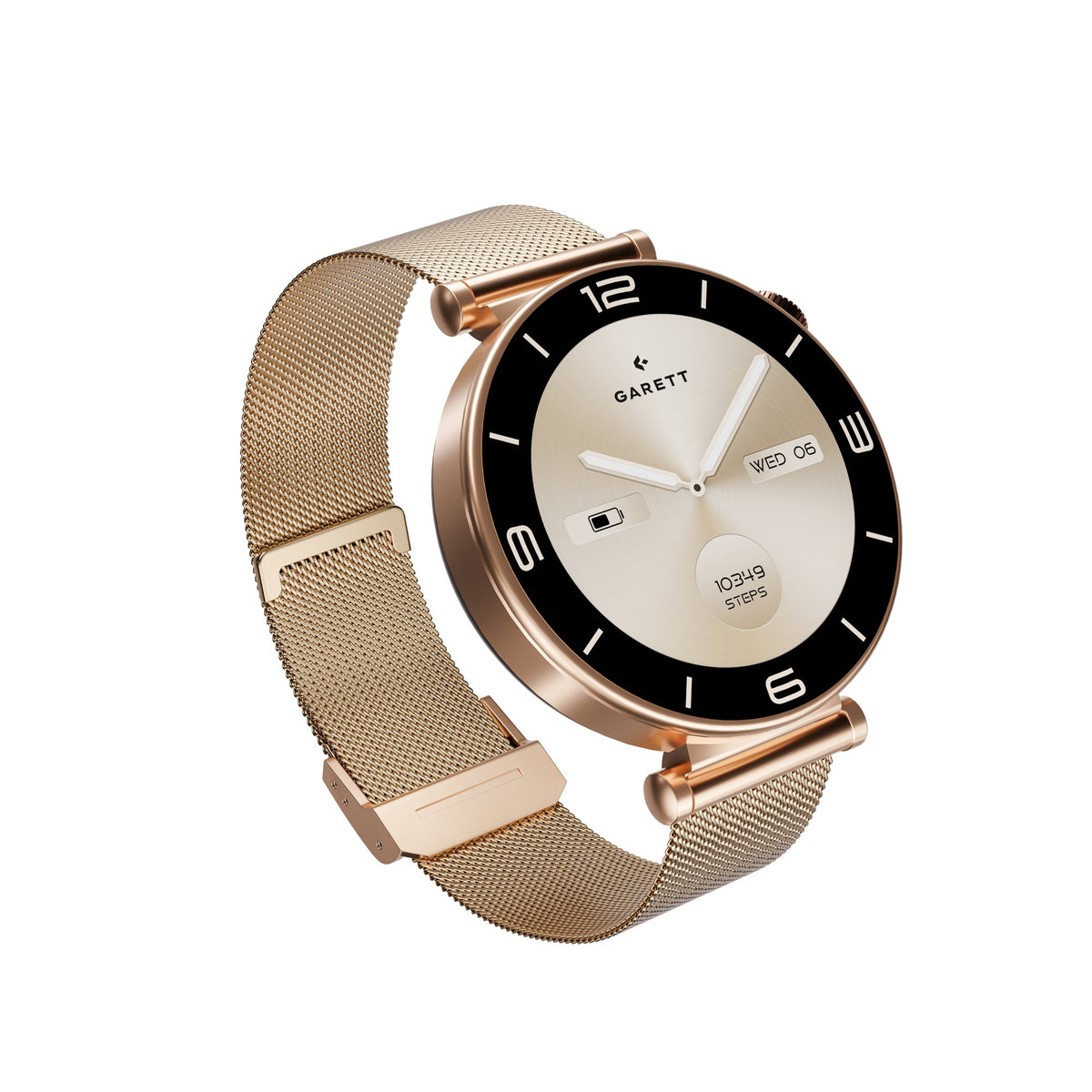 Close-up of Garett Rose Gold Mesh smartwatch face showing time, date, steps, and battery icons with mesh strap.