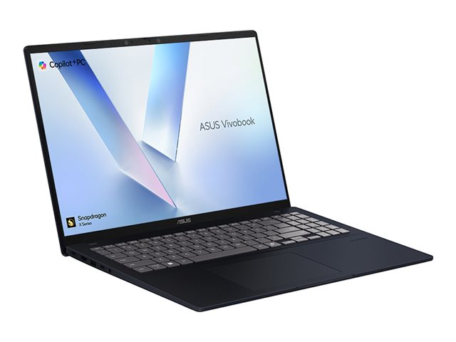 An open ASUS Vivobook laptop in a dark gray or black finish, shown at a three-quarter angle on a plain white background. The screen displays the ASUS logo and a blue and white abstract wallpaper.