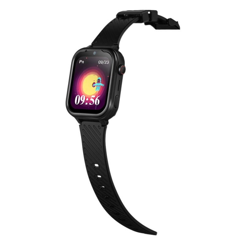 Smartwatch Garett Kids Essa 4G in black with colorful astronaut watch face and textured strap.