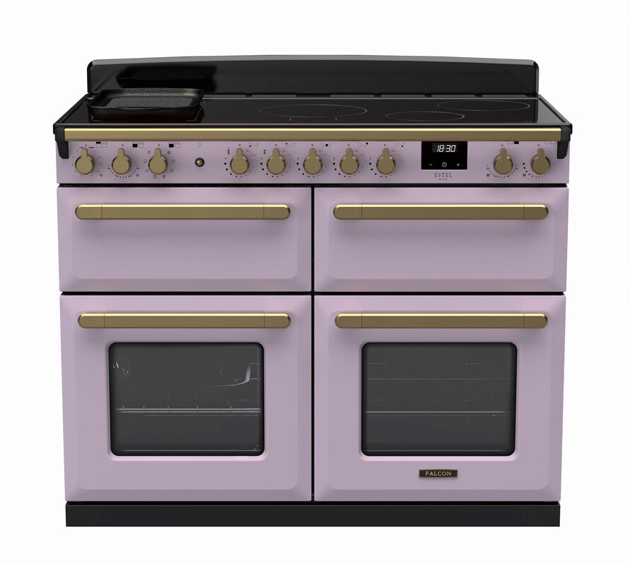 Rangemaster Estel Deluxe 110cm induction slow cook oven in pastel purple with antique brass handles and trim