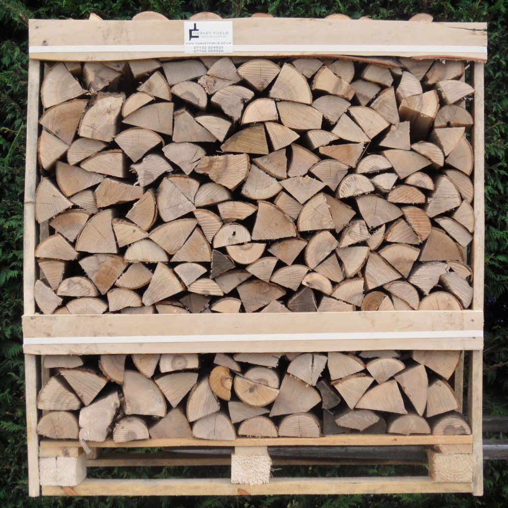 Stacked M3 crate of kiln-dried birch hardwood logs on a wooden pallet outdoors.