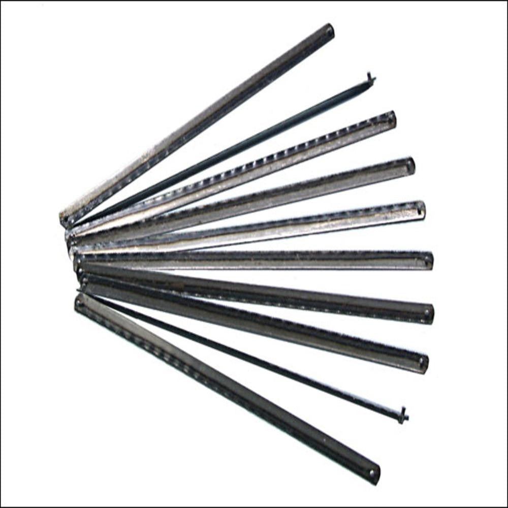 Set of ten silver metal FAI Full Junior Hacksaw Blades fanned out on a white background.