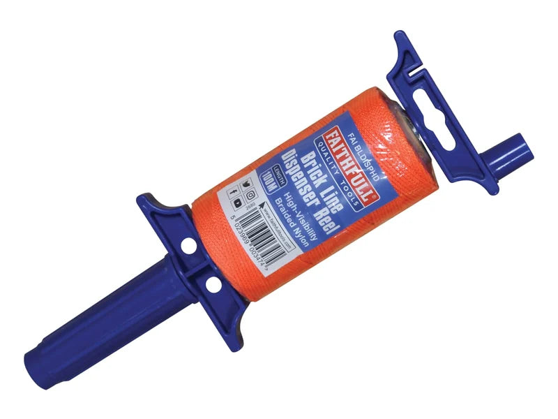 Faithfull Brick Line Dispenser Reel with 100m hi-vis braided nylon line, durable handle, free-spinning rewind – Kean’s