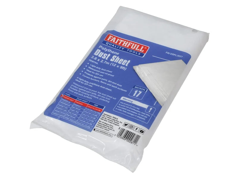 Faithfull Polythene Dust Sheet 3.6m x 2.7m, waterproof, rotproof, lightweight, ideal for DIY protection, available at Kean’s