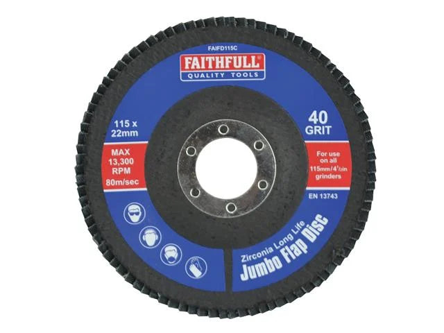 Faithfull Abrasive Jumbo Flap Disc 115mm x 22mm Medium Grit, zirconia alumina, resin bonded, for wood, metal, plastics –