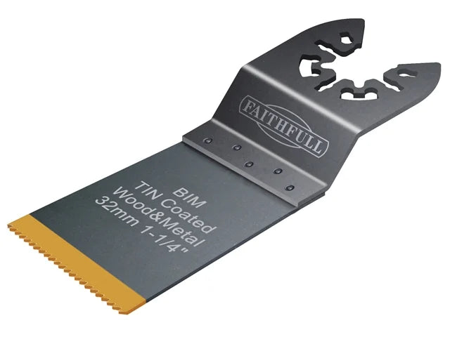 Faithfull 32mm Flush Cut Bi-Metal Blade with Titanium Nitride Coating for wood, metal, plastics – available at Kean’s