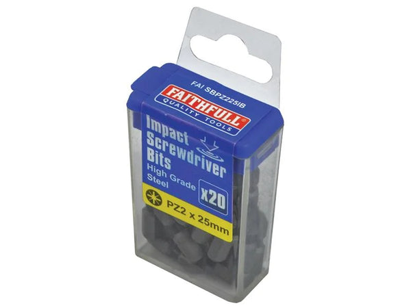 Faithfull Impact Screwdriver Bits PZ2 x 25mm, 20-piece, high torque, durable steel, torsion zones, Kean’s Claremorris. –