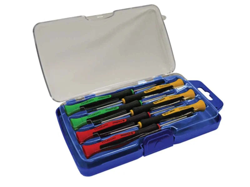 Faithfull 7-piece precision screwdriver set with soft-grip handles, chrome vanadium blades, ideal for watchmaking, from