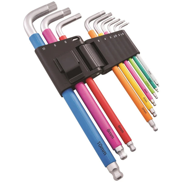 Faithfull 9 Piece Colour Coded Hex Key Set with S2 steel, ball end design, compact case – available at Keans Claremorris.