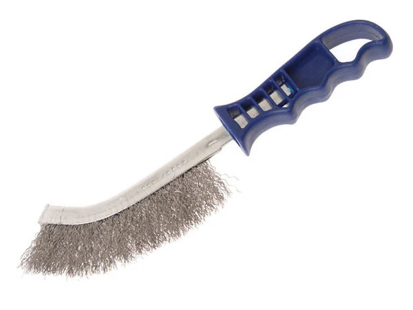 Wire Scratch Brush with stainless steel bristles, blue ergonomic handle, for rust and paint removal – Kean’s Claremorris –