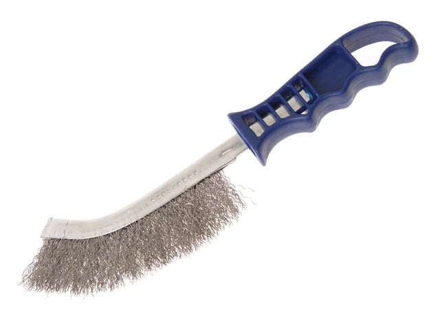 Wire Scratch Brush with stainless steel bristles, blue ergonomic handle, for rust and paint removal – Kean’s Claremorris –