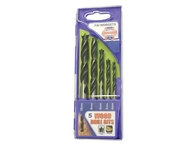 Lip & Spur Wood Drill Bit Set 5pc, alloy steel, precise wood drilling, fast waste clearance, ideal for dowelling – Kean’s