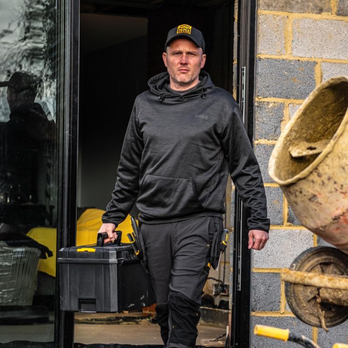DEWALT Falmouth Black Hoody, durable workwear sweatshirt, comfortable fit – available at Keans Claremorris.