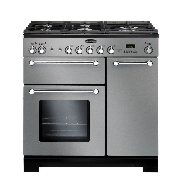 Rangemaster Kitchener 90cm Dual Fuel Range Cooker with oven and gas hob, available at Keans Claremorris