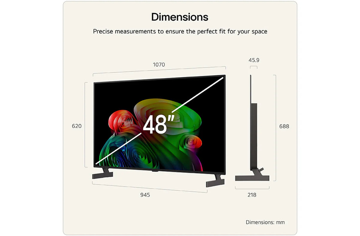 LG AI B6 48" OLED 4K HDR Smart TV with front and side views showing dimensions in millimeters.